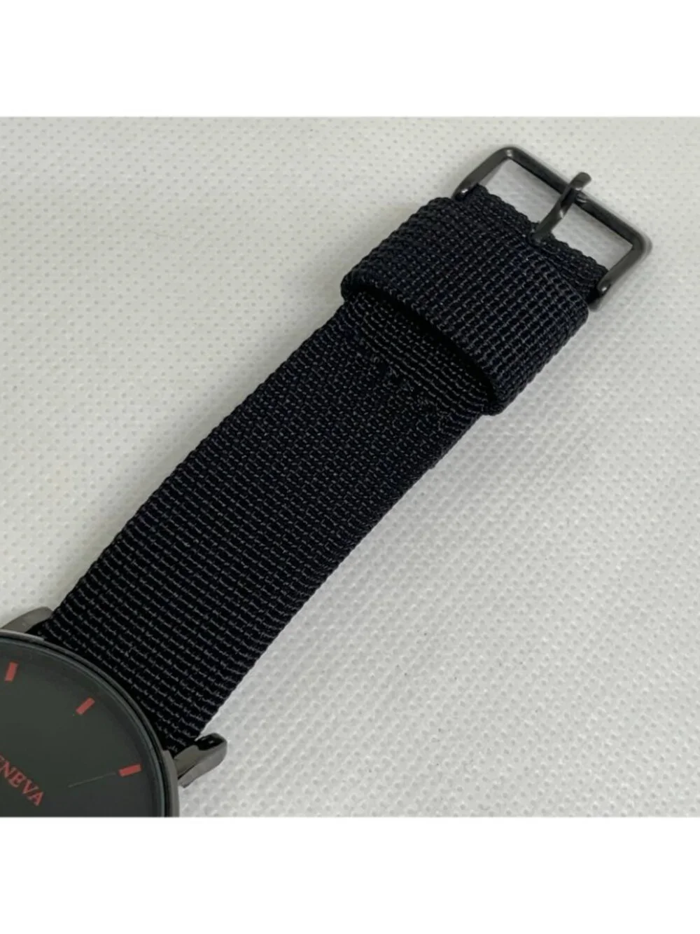 Geneva men’s black tone watch 40mm round case quartz analog nylon band running